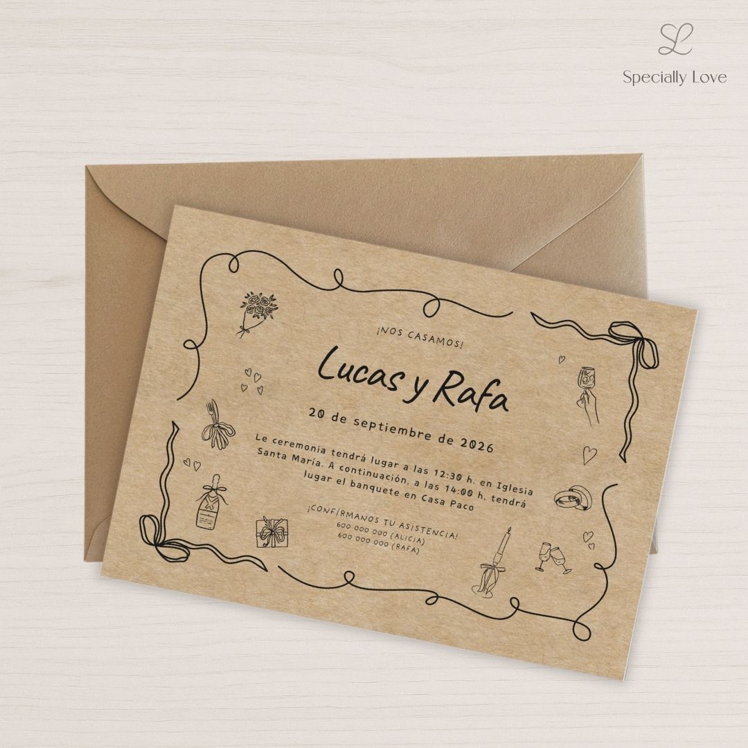 Horizontal kraft wedding invitation with envelope.